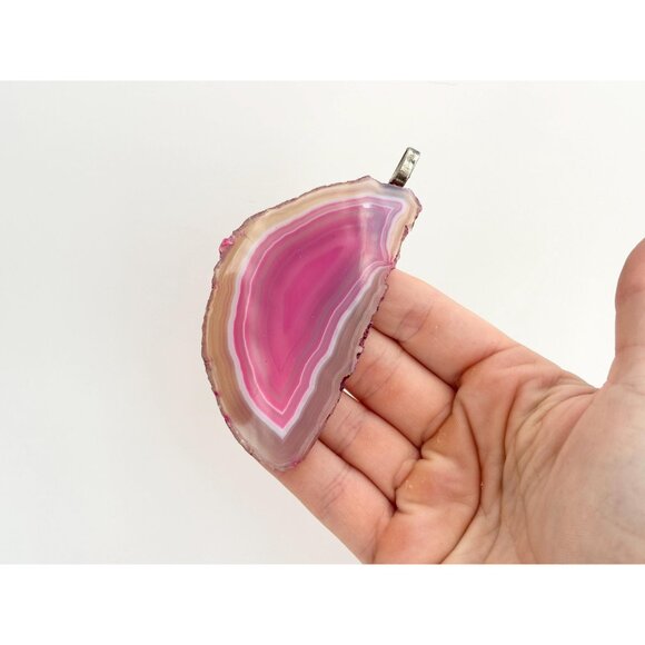 Pink Slice Agate Crystal Geode Freeform Large Silver Toned Vintage Pendant - Picture 12 of 13